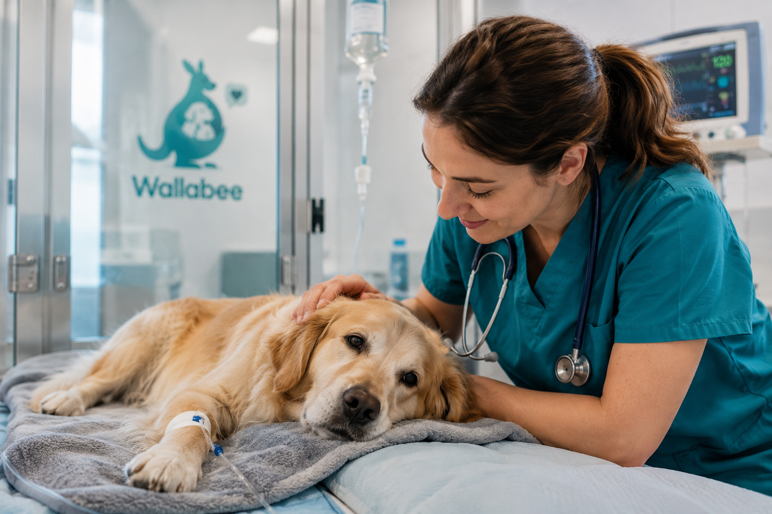 Vétérinaire rassurant un chien hospitalisé