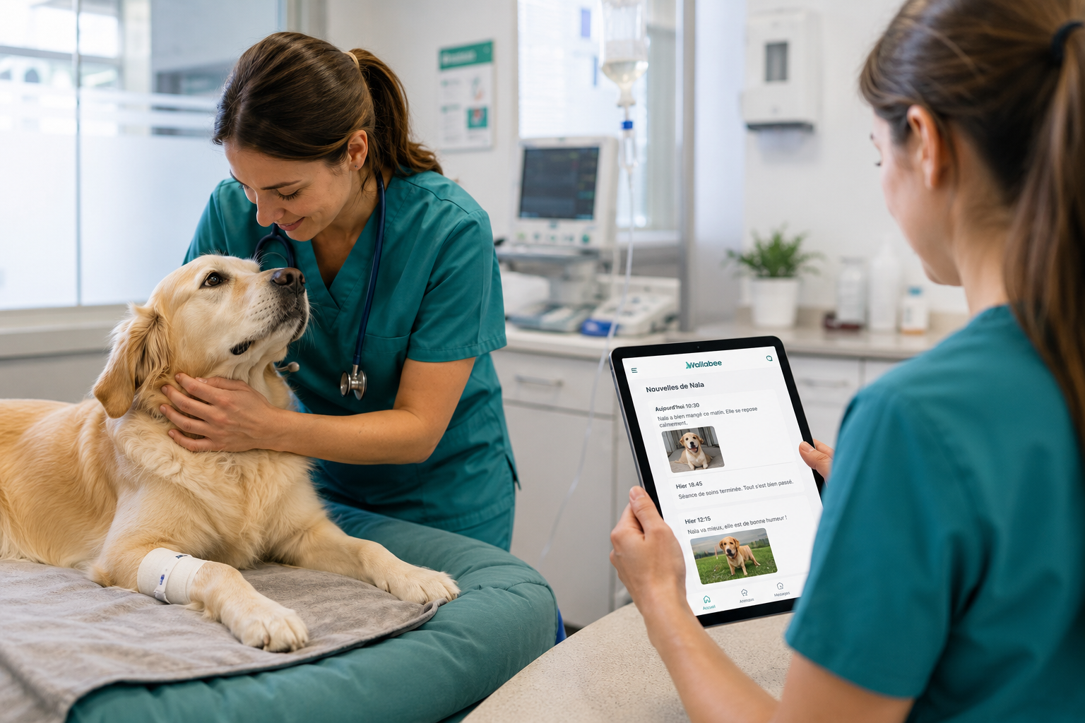 Équipe vétérinaire utilisant une tablette